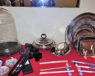 Silver trays, chop stick sets and holders