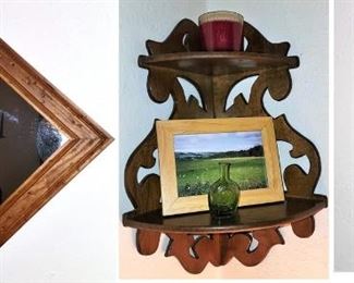 Wood decor: mirror, corner shelf and wall candle holder