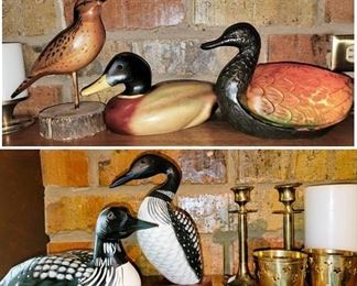 carved ducks, duck lamp and brass candlesticks
