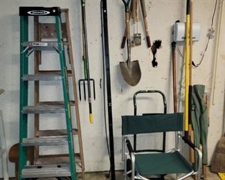 Lawn and garden tools and ladders.  Folding chairs
