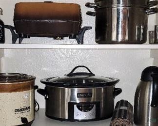 Kitchen appliances: crock pots, skillet