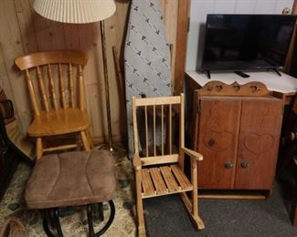 Ottamon - Child's Rocker- Ironing Board - TV - Brass Floor Lamp - Bathroom Cabinet- Nice Craft Table