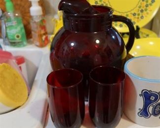Ruby Red Pitcher with Tumblers