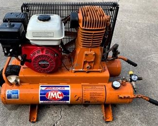 PORTABLE WHEEL AROUND COMMERCIAL IMC GAS POWERED COMPRESSOR WITH 5.5 HP HONDA ENGINE VERY CLEAN RUNS PERFECT AND READY TO GET TO WORK. COMES WITH BOOKS AND AIR HOSE.