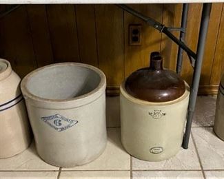 NICE SELECTION OF ANTIQUE WHISKEY JUG, 4 GALLON BUTTER CHURNS AND 6 GALLON CROCK.
