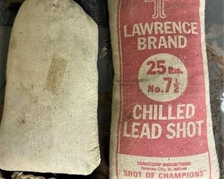 VINTAGE NEW OLD STOCK LAWRENCE BRAND NUMBER 7.5 SHOT CHILLED LEAD SHOT & VINTAGE ALL AMERICAN HARD LEAD SHOT 7.5 & 8 LEAD SHOT ALL FULL 25LB BAGS. ONLY 5 BAGS.