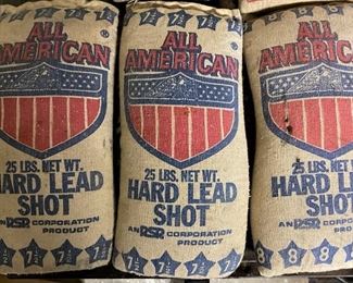 VINTAGE NEW OLD STOCK LAWRENCE BRAND NUMBER 7.5 SHOT CHILLED LEAD SHOT & VINTAGE ALL AMERICAN HARD LEAD SHOT 7.5 & 8 LEAD SHOT ALL FULL 25LB BAGS. ONLY 5 BAGS.