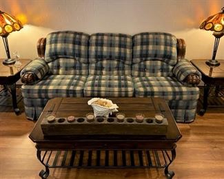 SWEET LIVING ROOM SET, SOFA WITH COFFEE TABLE AND 2 END TABLES. AND LOVESEAT SOFA AND LOVESEAT ARE ENGLAND BY LA-Z-BOY