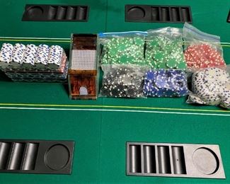 WE HAVE QUITE A FEW HEAVY PROFESSIONAL POKER POKER CHIPS AND DEALERS CARD SHOE.
