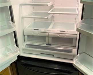 BEAUTIFUL BLACK FRENCH DOOR KENMORE REFRIGERATOR FREEZER WITH ICE & WATER WITH CRUSHED ICE FEATURE.