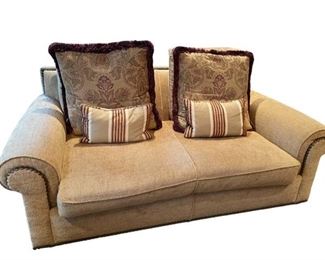 $320 USD      R. Jones 2 Seater Rolled Arms Custom Chenille Upholstery Sofa RS157-2       Description: This loveseat elevates the look of your living room in a bold way. It borrows elements from traditional design styles and marries them with nail head embellishments. We love the rolled arms. Custom chenille upholstery cover foam cushions and sinuous springs, providing comfort and support as you relax with friends. What’s more, the four toss pillows (included) layer in texture when propped up against the pillow back.
Condition: Excellent
Dimensions: 79 x 42 x 33"H
Local pick up Bethesda, MD.  Located on main floor.  Please contact us for shipper suggestions.       https://goodbyhello.com/products/r-jones-2-seater-sofa-rs157-2?_pos=11&_sid=4902c6108&_ss=r