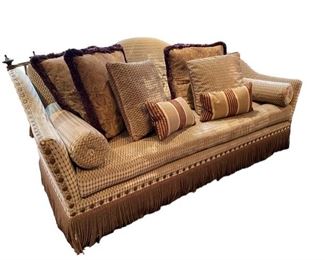$960 USD      Century Furniture English Knole Fringed Bottom Sofa RS157-1      Description:  The Knole settee was first created in the 17th century for use at the grand Knole English country house in Kent. It was originally intended as an elegant throne upon which the monarch could sit when receiving visitors.
Like the original version, this settee is upholstered in a muted tonal geo print and boasts supremely elegant detailing. Included studded welt,  a traditional fringe skirt, exposed wood finials, and decorative braided cord with tassels all give the piece an unmistakably regal aire.
This style is fun, supremely elegant, and timeless. It's anchored rooms in castles and country homes throughout Europe, in the poshest of hotels like New York's Gramercy Park, and celebrity homes like that of Vivien Leigh and Laurence Olivier. 
Condition: Excellent
Dimensions: 92 x 43 x 44"H
Local pick up Bethesda, MD.  Located on main floor.  Please contact us for shipper suggestions.       http