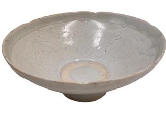 $300 USD     1800s Chinese Celadon Footed Bowl w Floral Motif JB59-10     Description: This is a Chinese celadon footed bowl.  Pale celadon glaze with scrolled floral motif on the inside surface.  Possibly 19th century Qing Dynasty. 
Condition: Excellent for age.  No obvious chips or cracks
Dimensions: 6.5 x 2.5"H     https://goodbyhello.com/products/ancient-chinese-bowl-jb59-10?_pos=3&_sid=cc9362add&_ss=r