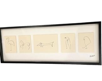 $90 USD      Ikea Picasso Olunda 5 animal prints abstract black framed glass GL112-9     Description: Discontinued A black shadowbox houses five small, raised reproduction sketches under glass.   "Flamingo", "Horse", "Sausage Dog", "Pinguin", "Sausage Dog", "Chick", "Horse". 

Condition:  Excellent

Dimensions: 41 x 11.5 x 15.5:H

Local Pick up Bethesda, MD.  Contact us for shipper suggestions.  We will bring it to our local UPS for shipping.      https://goodbyhello.com/products/ikea-picasso-olunda-5-animal-prints-abstract-black-framed-glass-gl112-9?_pos=2&_sid=61001ae50&_ss=r
