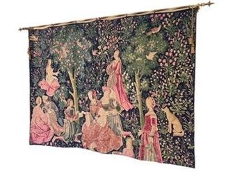 $295 USD     French Galantes Medieval Style Blue Millefleurs Tapestry LA178-33    Description:  Mid-Century French tapestry, reproduction of a medieval tapestry.  The Lordly Life; Scene Galante, circa 1500 (tapestry) by French School, (16th century); National Museum of the Middle Ages and Thermes de Cluny, Paris.  The piece depicts ten characters, five ladies, two lords and three pages,
Dimensions: 54 x 73"H
Condition: Very good
Local pick up Potomac, MD.  Located on first floor.  Contact us for shipper suggestions.     https://goodbyhello.com/products/la178-33?_pos=12&_sid=7cd389f6e&_ss=r