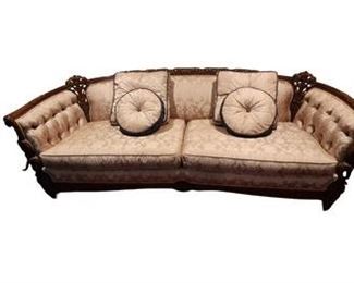 $1080 USD      Late 1800's Italian Finely Carved Wood Frame Sofa Couch LS163-1   Description:  Hand carved, solid walnut, flared-arm sofa from Italy. The serpentine top rail, splayed arms, and elegant apron are filled with foliate reliefs.

Dimensions: 82L x 35D x 32H in  | Seat 68W x 22.5D x 18.5H in | Arm 29H in

Condition: Recently reupholstered and in EXCELLENT condition. 

Location: Local pick up Bethesda, MD Shipper suggestions available upon request.       https://goodbyhello.com/products/late-1800s-italian-finely-carved-wood-frame-sofa-lcs-1?_pos=2&_sid=d19cac5a6&_ss=r