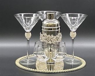 (9) Cocktail Set: Shaker, 3- Martini,
4- Shot Glasses, & Mirrored Tray
