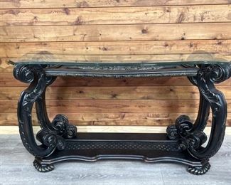 Black Italian Style Console w/ Gold & Glass Top