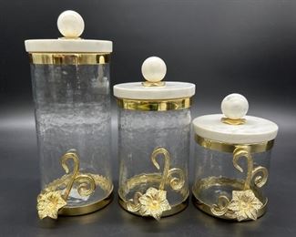 3- Canisters w/ Marble Lids & Applied Gold Flowers