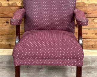 Vtg. Wood Frame Straight Back Upholstered Armchair