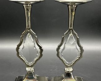 (2) Shiny Aluinum Pillar Candle Holders w/ Prisms