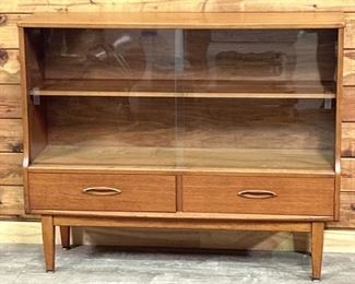 Mid Century Modern Teak Bookcase Cabinet w/ Sliding Glass Doors