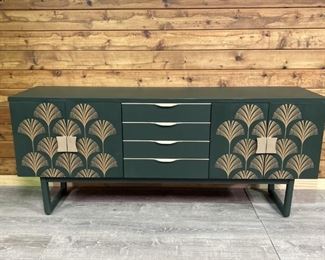 Mid Century Green Lacquered Cabinet w/ Gold Fan