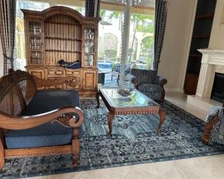 Tommy Bahama sofa, area rug Cabinet