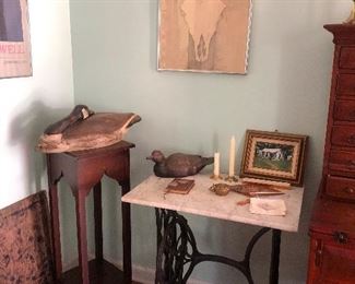 Vintage Sewing Table with Marble Top, Ducks Unlimited Decoys