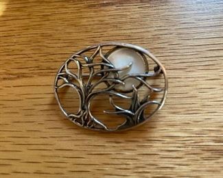 Sterling moon and trees brooch
