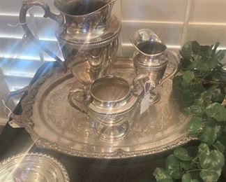Silver-plate serving pieces and tray