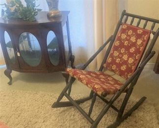 Antique display cabinet; antique folding rocker