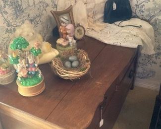 Antique chest; Easter selections; dolls