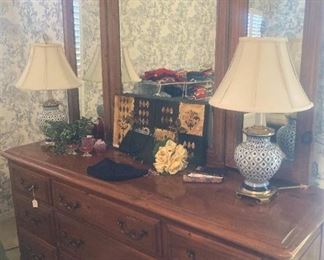 Triple dresser; matching lamps