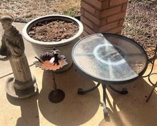 St. Francis, planter, bird feeder, small patio table