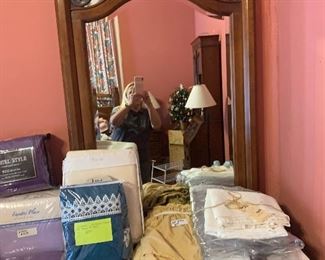 Cherry Bedset chest of drawers with mirror (32w x 47h)- Glass top/9 drawers.       56w x 19d x 36h    