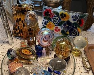 Glass paperweights and Peggy Karr plate