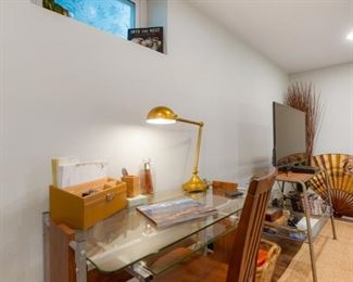 Small glass desk; chair; lamp