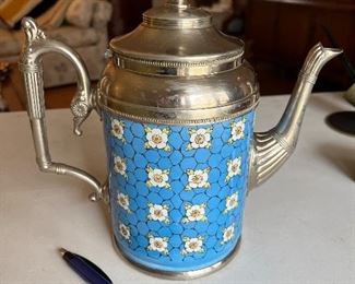 Antique Manning, Bowman & Co. pewter/enameled teapot
