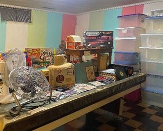 Pool table, storage bins, sunlamp, fans, LPs, 45s