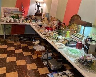 Tupperware, vintage sears magazines, glass cake plates, coffee pots, toaster, crack, lamps