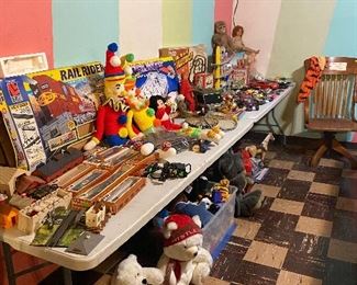 Vintage children’s toys, trains, real rider, stuffed animals, Beanie babies, wooden computer chair, hot wheels