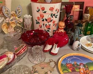 Vintage wastebasket, vintage baby shoes leather