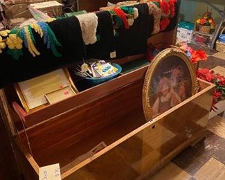 Cedar chest, artwork, buttons