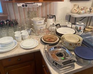 Corning ware, Corelle dishes, silverware, glasses, pie plates, Pyrex