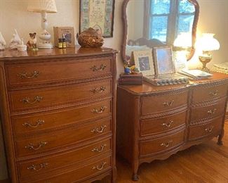 Mid century Dixie bedroom set, tall dresser, short dresser with mirror, full size bed, full size mattress