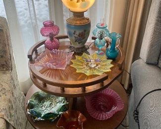 Fostoria, Carnival glass, cranberry glass, moon and star lamps, Pansy lamp Victorian, side table, uranium