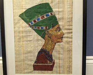 Framed hand painting on papyri of Death Mask of the Boy King Tutankhamun.