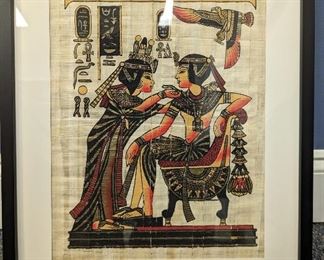 Framed hand painting on papyri of King Tutankhamun and his wife, Ankhesanamun