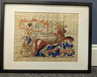 Framed hand painting on papyri of Chariot Scene of Tutankhamun.